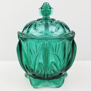 Fenton Candy Jar Vintage Spruce Green Cactus Art Glass Lidded 1995 Holidays 6+"